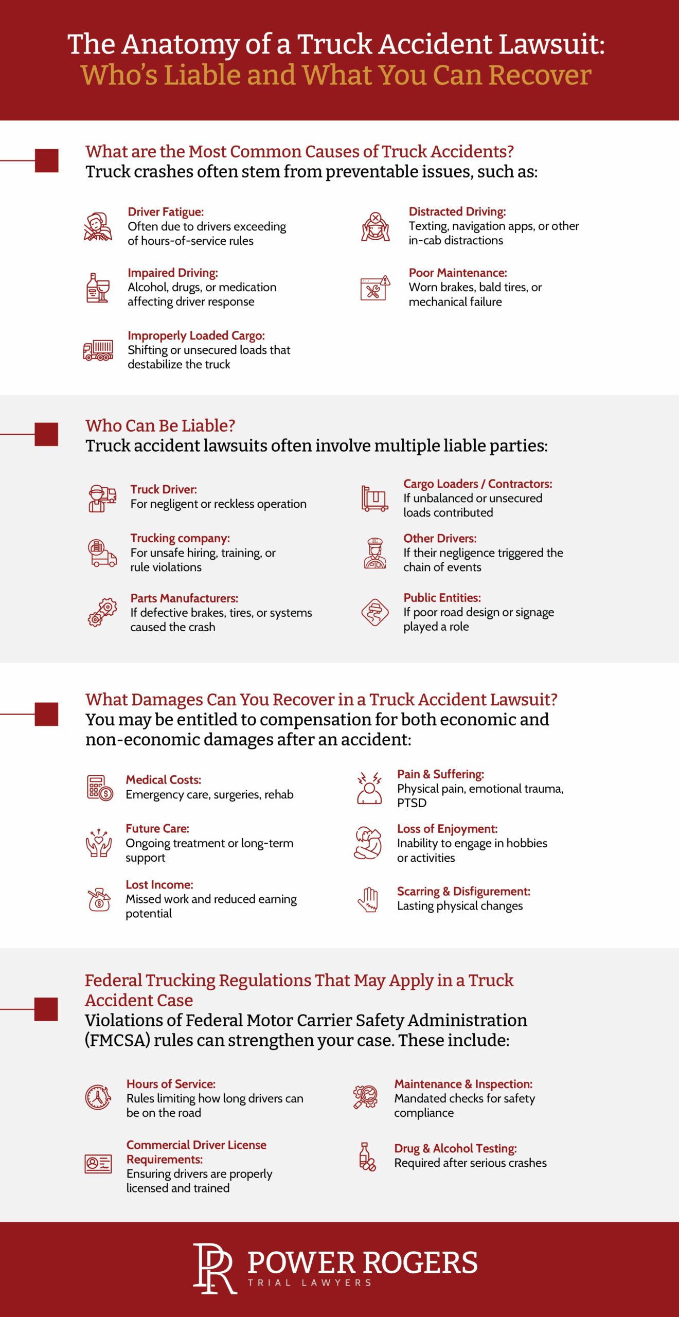 an infographic outlining the common causes of truck accidents and various legal considerations 
