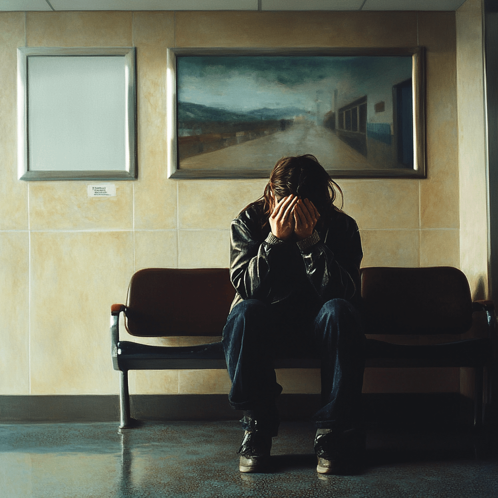 A woman sitting in a hospital waiting room with her head in her hands