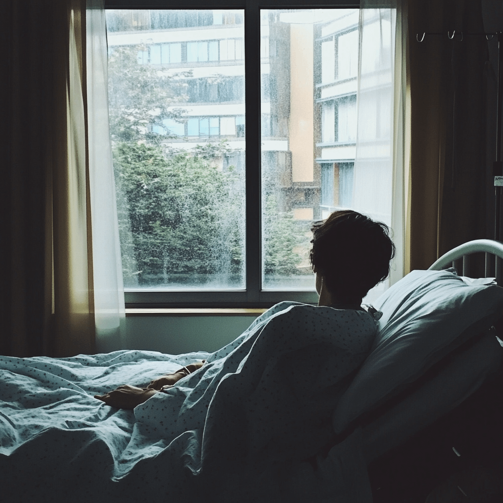 a person sitting in a hospital bed looking at the window