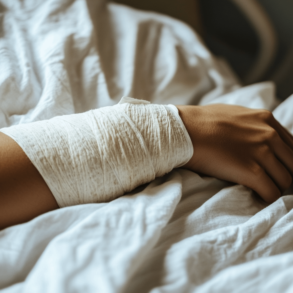 closeup of a person's bandaged arm