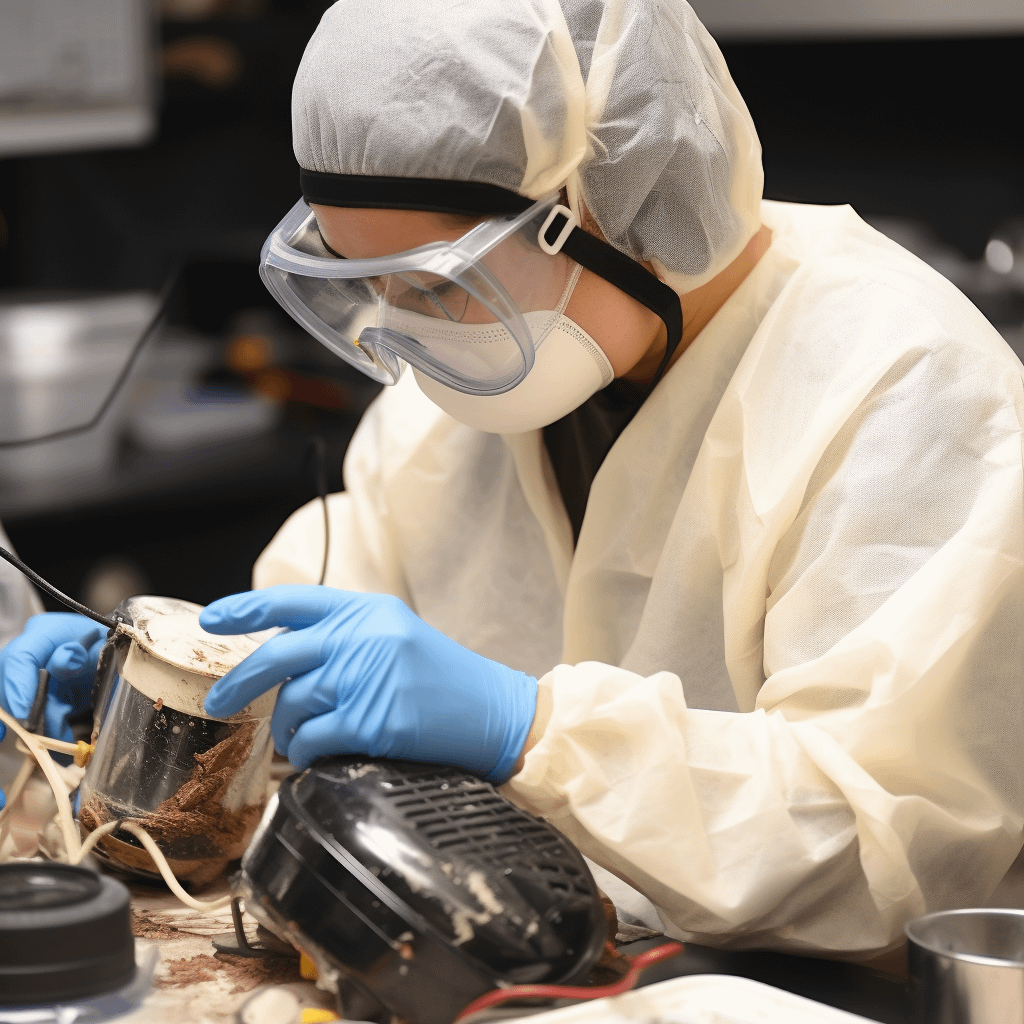 A forensic investigator wearing gloves and safety goggles examines a damaged blender with exposed wires