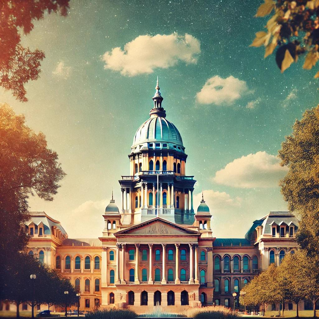 Illinois State Capitol building with the text 'HB222: A Victory for Childhood Sexual Abuse Survivors' overlayed, symbolizing the legislative victory for victims.