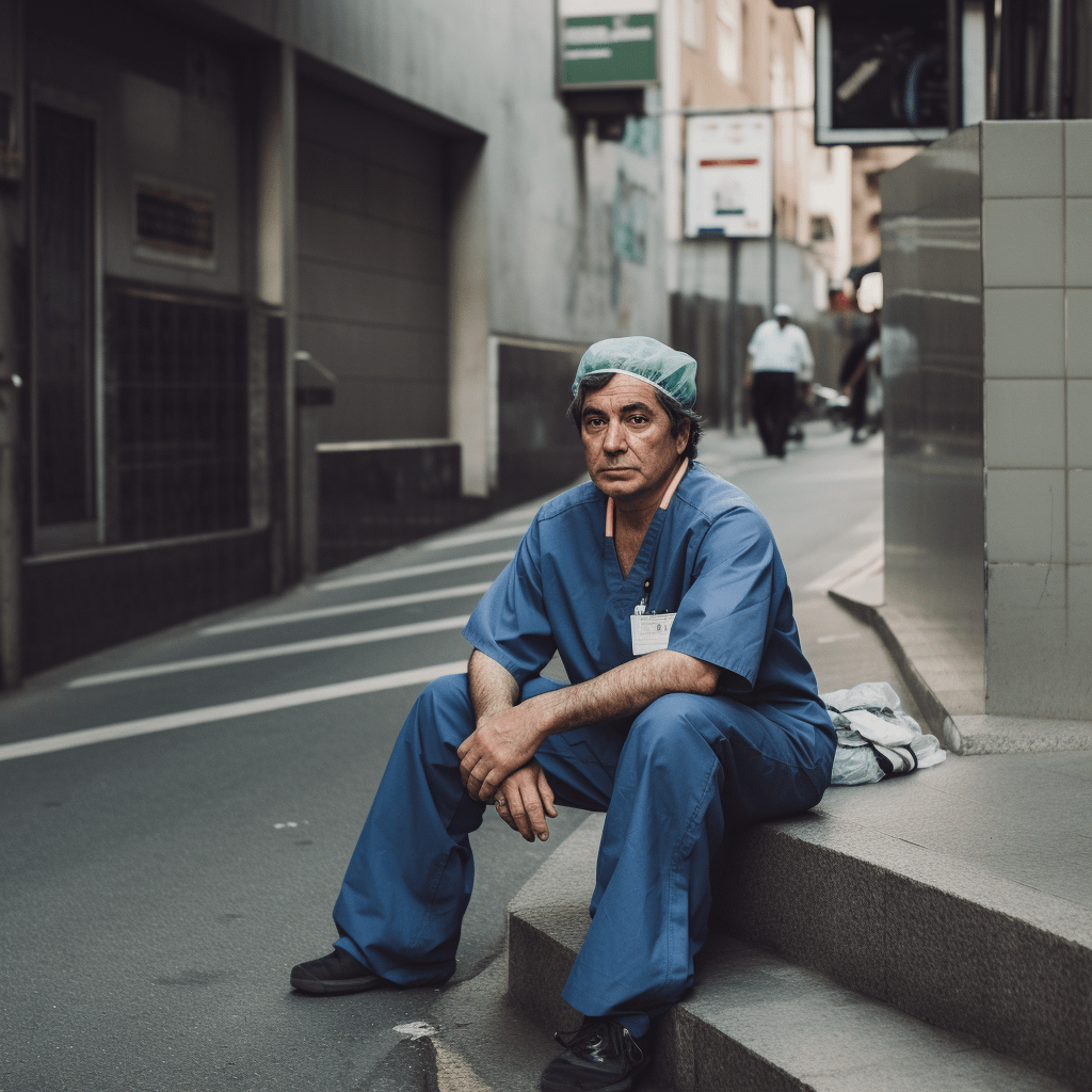 A surgeon sitting outside a hospital