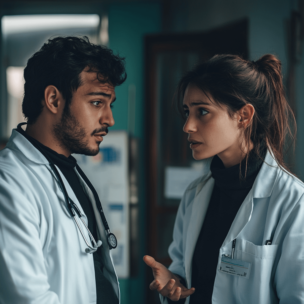 a male and female doctor speaking with one another with a concerned expression