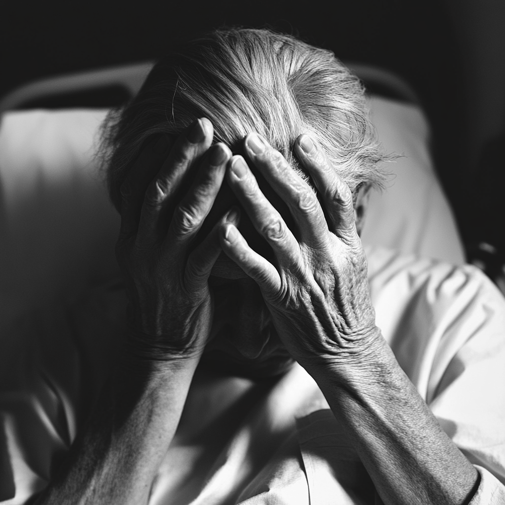 elderly female hospital patient with her head in her hands