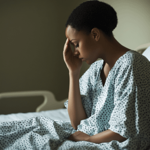 a person in a hospital gown sitting on a bed, looking distressed, with their hand gently resting on their forehead