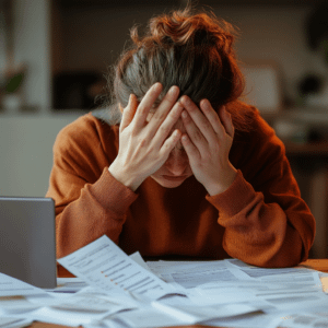 a person covering their face with documents scattered in front of them