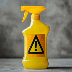 bottle of cleaning solution with a warning label