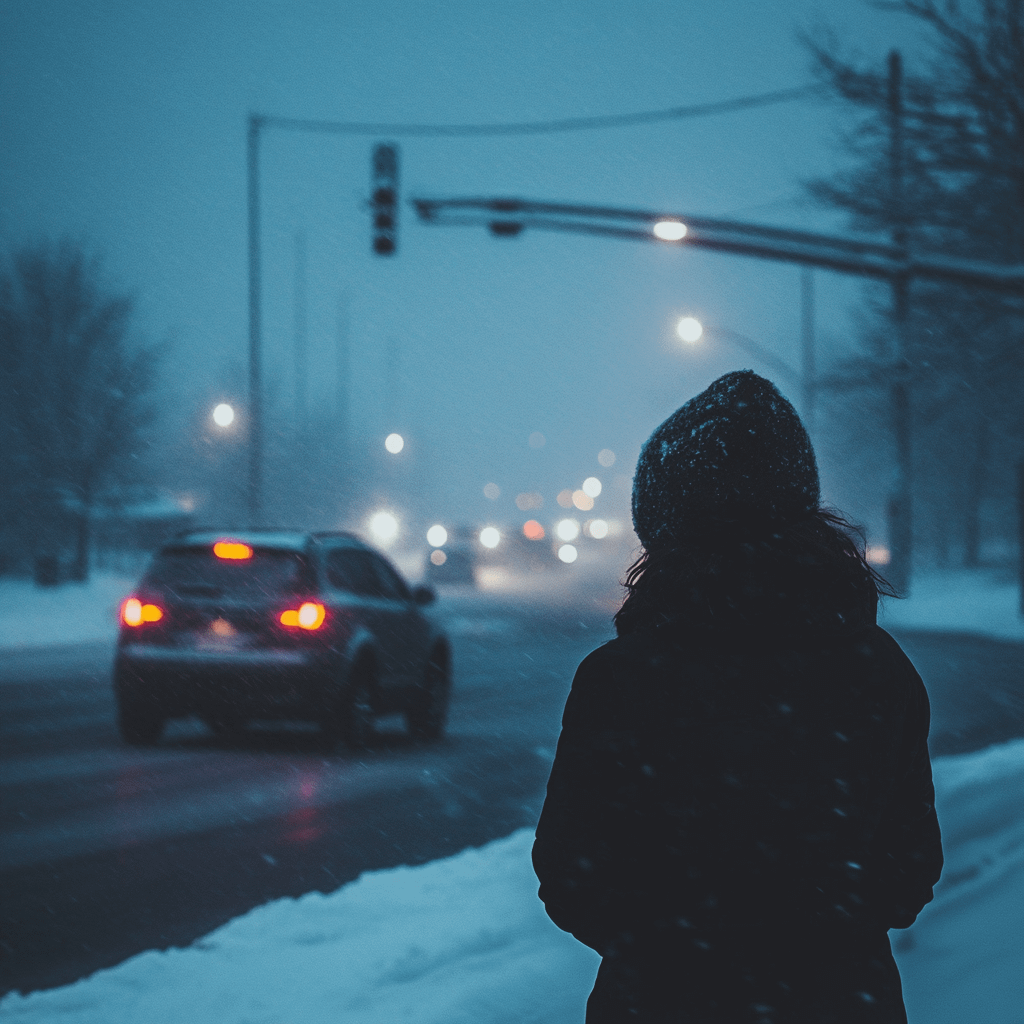 person standing on the side of a road during a snowstorm