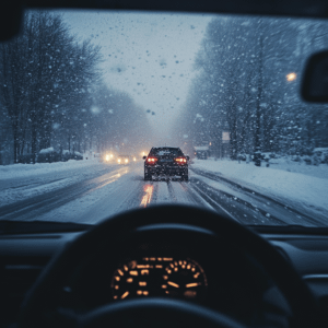 view from inside of a car driving on the road during a snowstorm