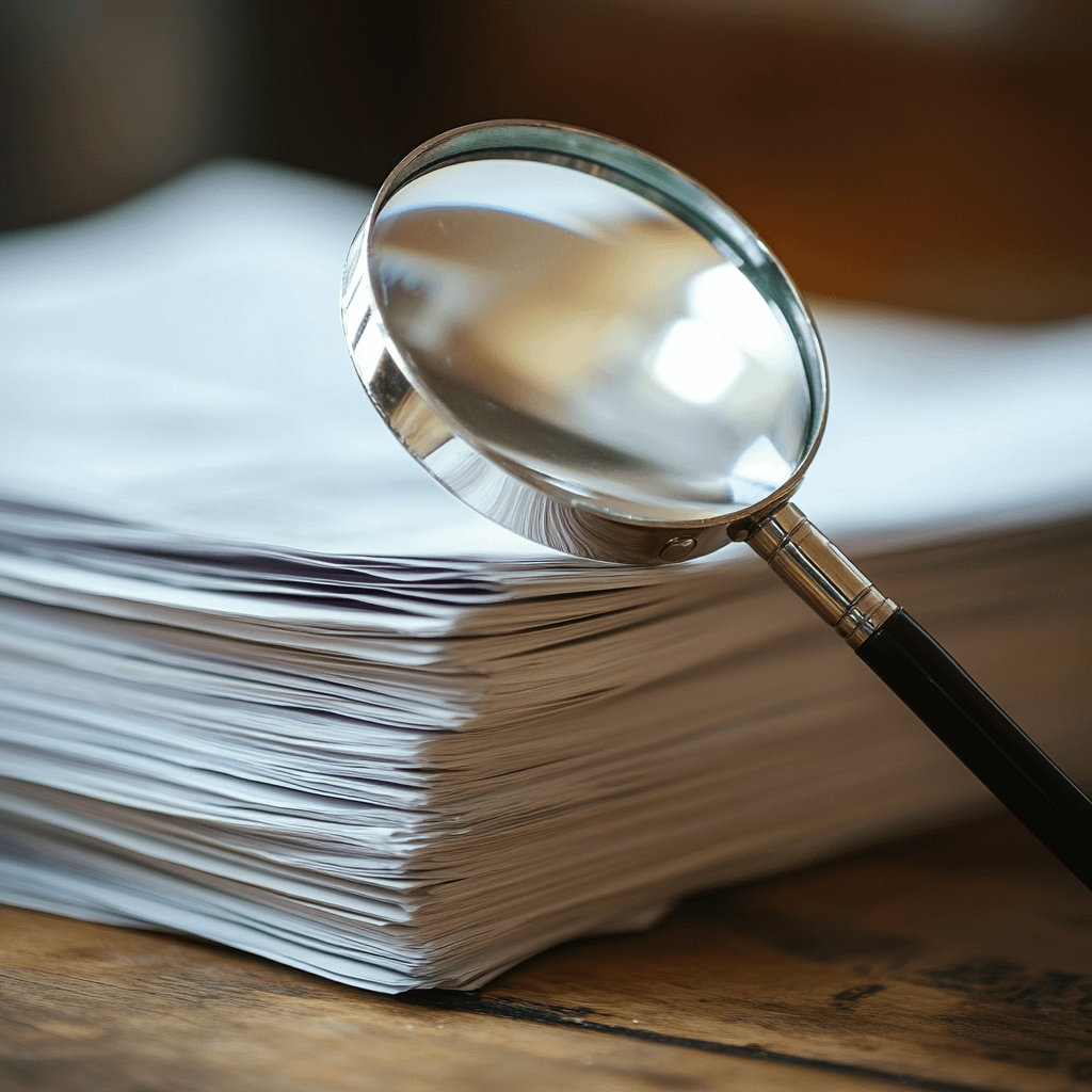 a magnifying glass leaning against a stack of papers