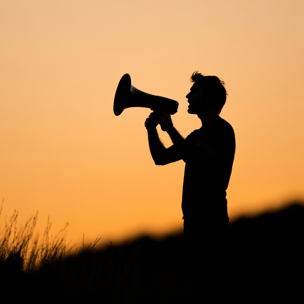 silhouette of a man holding a megaphone