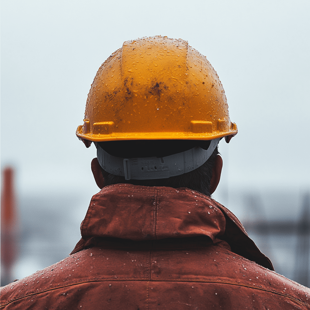 a man wearing a hard hat with his back facing the viewer