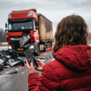 a woman looking at her phone with her back to the viewer. a wrecked truck is visible in the background