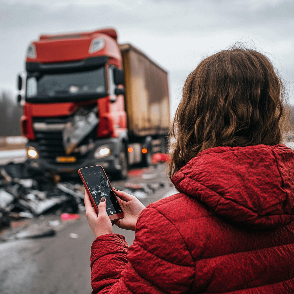 a woman looking at her phone with her back to the viewer. a wrecked truck is visible in the background