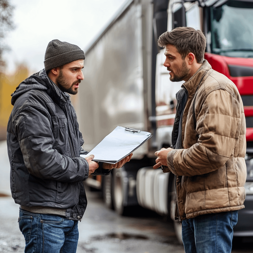 a man speaking to another man who is holding a clipboard. a truck is visible in the background