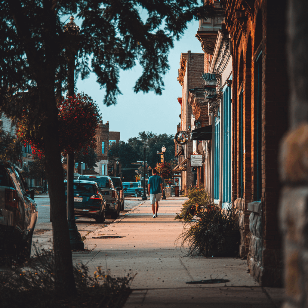 a man walking down the street in a small town