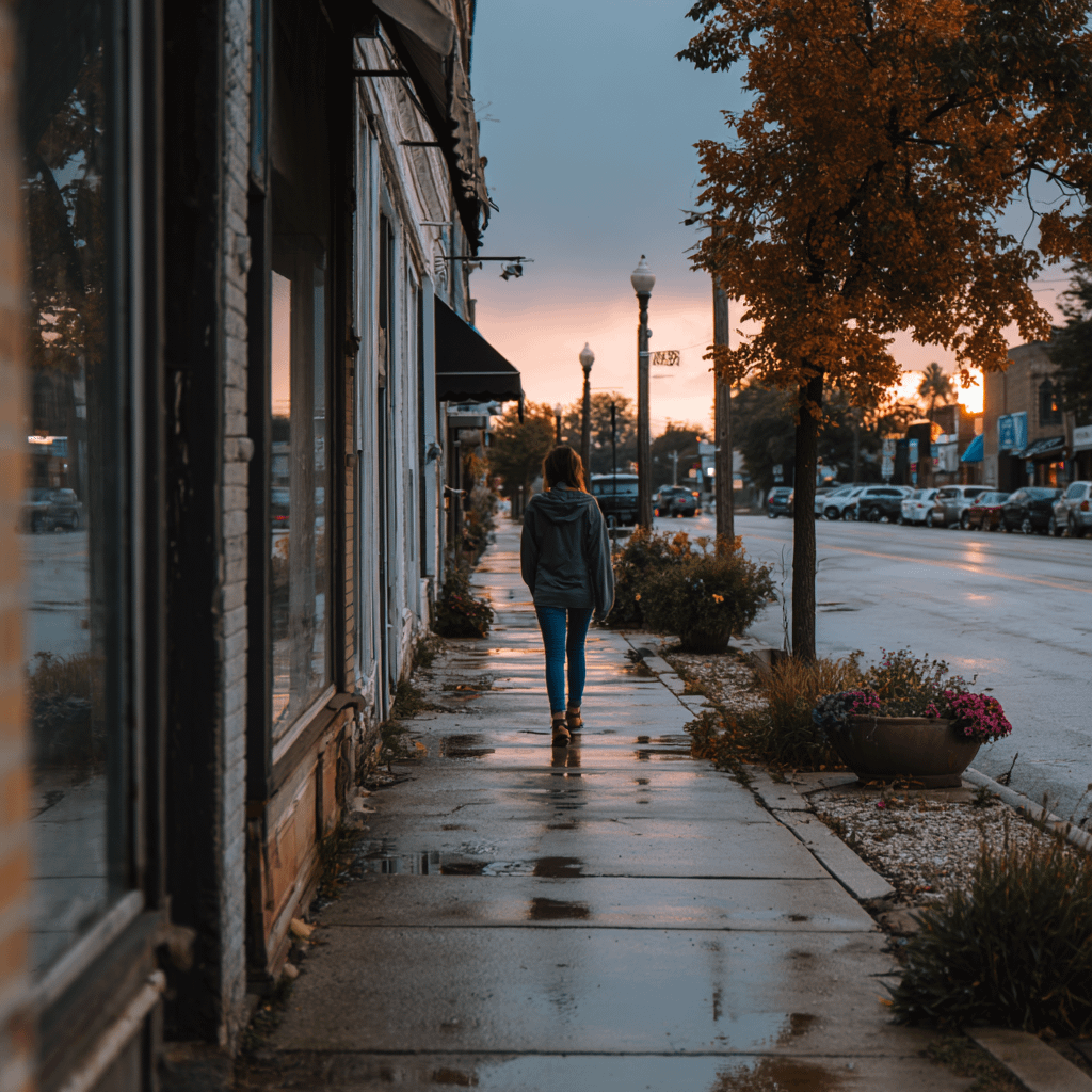 a woman walking down a wet sidewalk in an illinois town