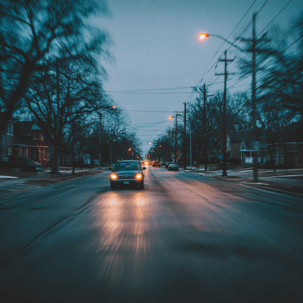 a car speeding down a small town street at night