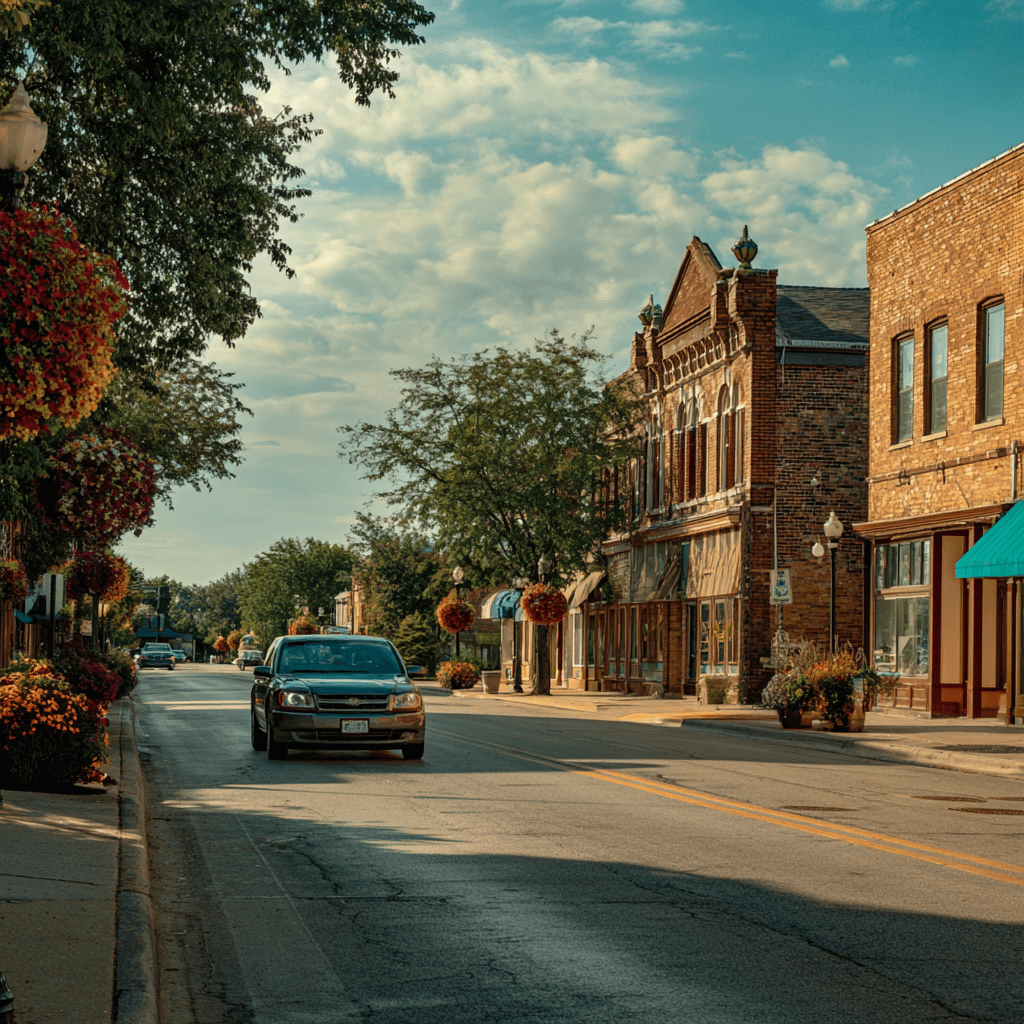 car driving down the street in a small town