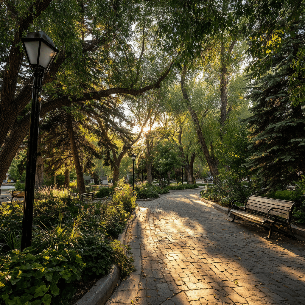 a sunlit path in a public park surrounded by greenery
