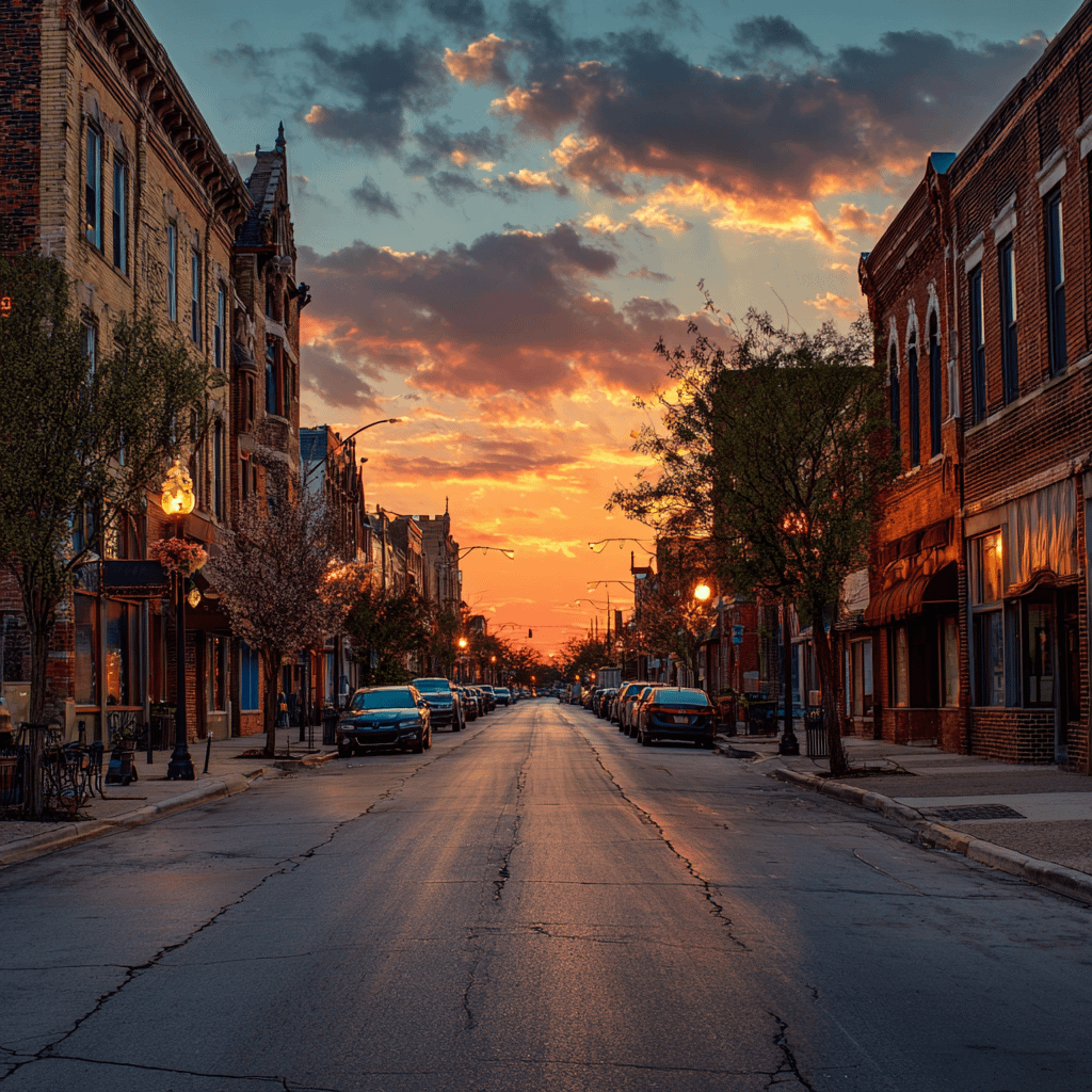 a street in a small illinois town at sunset