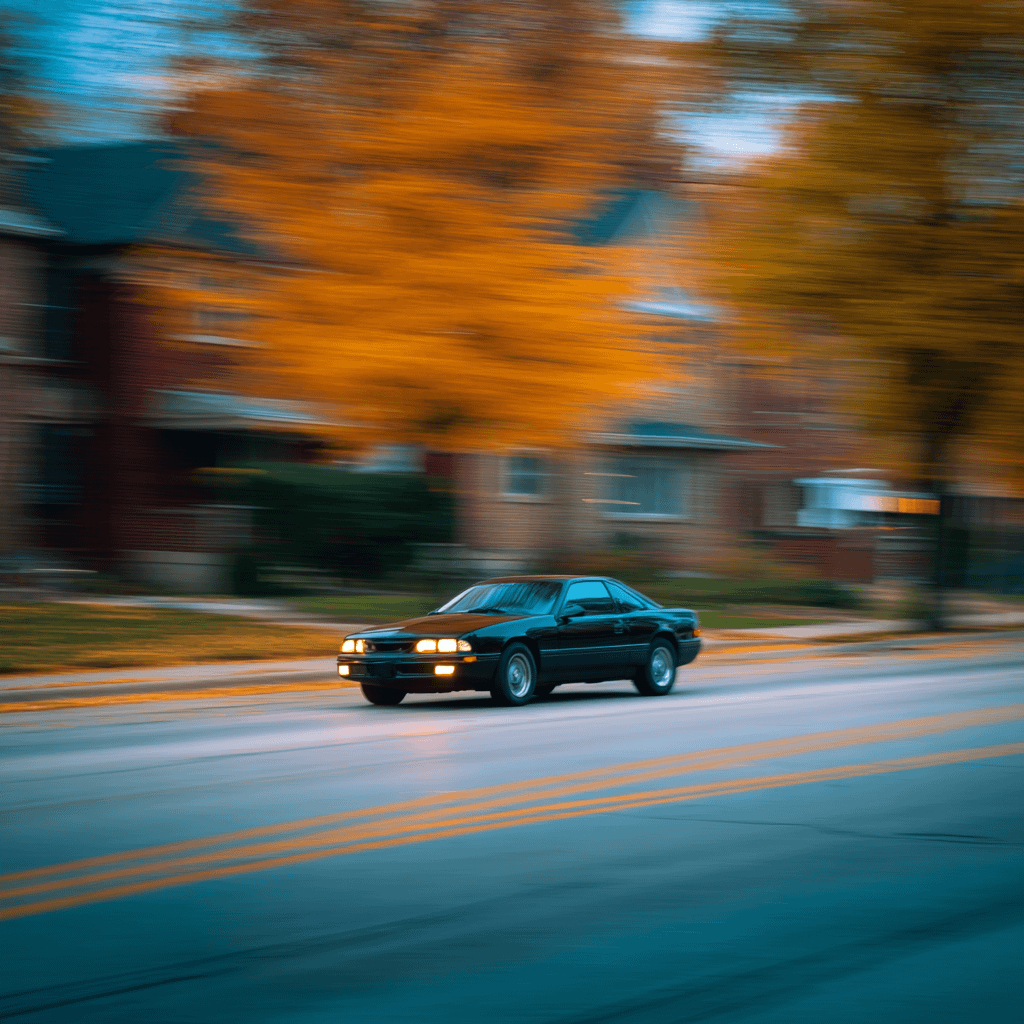 a black car speeding down the street