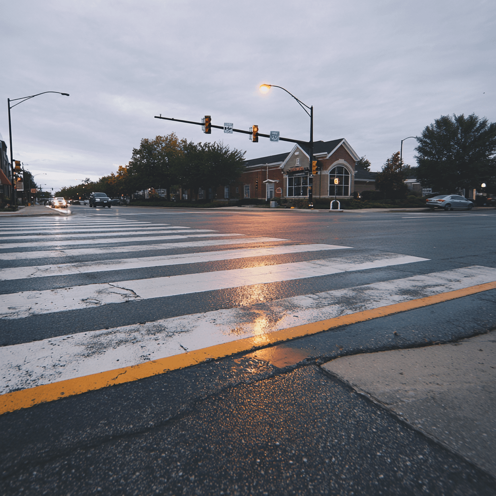 a closeup of a crosswalk in a small town