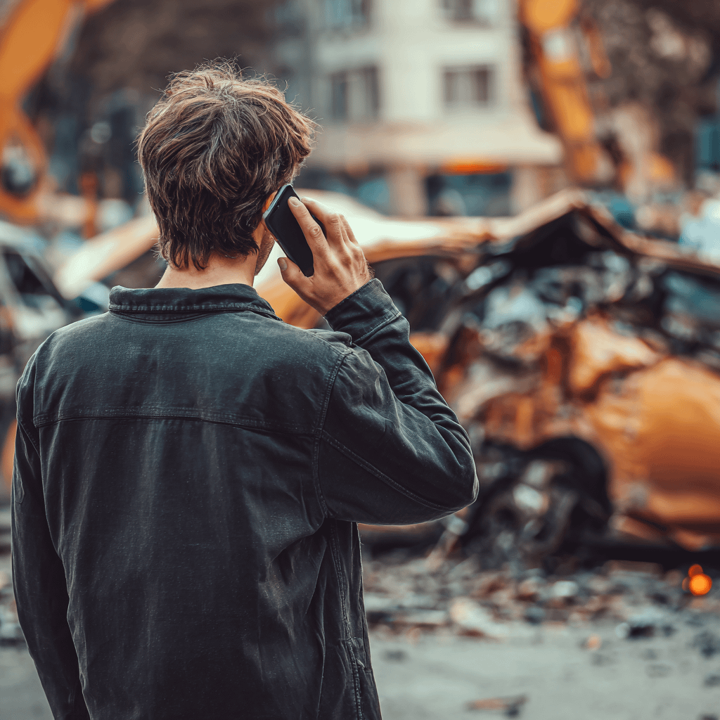 a man using his phone while looking on at the aftermath of a car accident