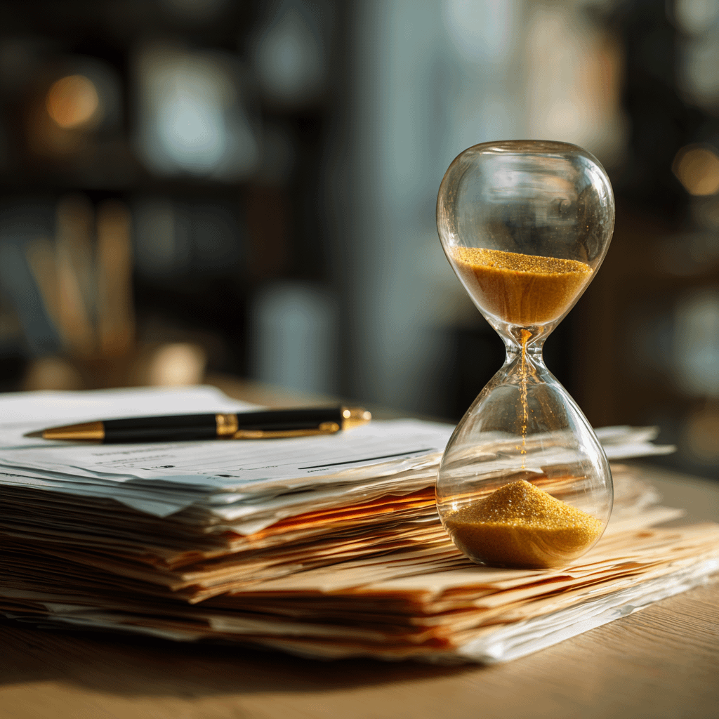 an hourglass sitting on top of a pile of papers
