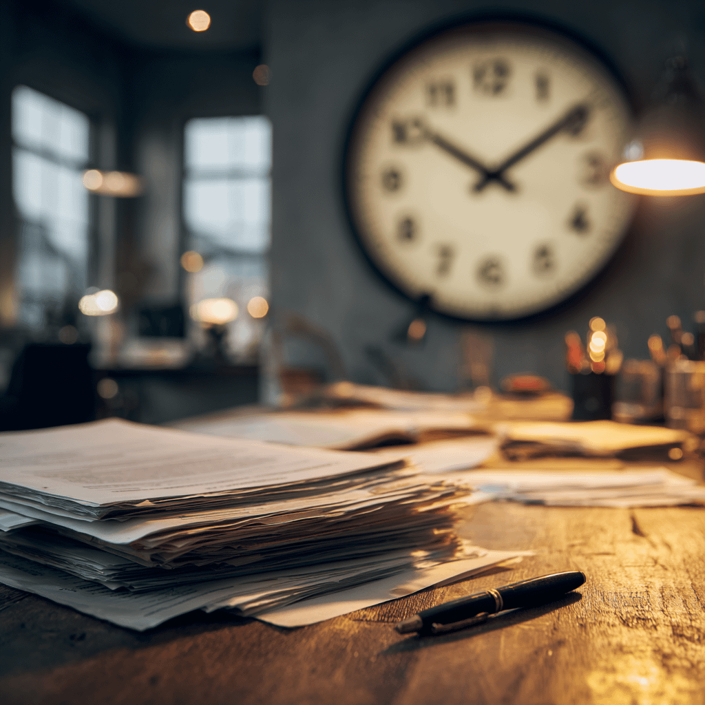 a pile of papers with a clock in the background