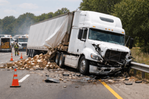 A crashed truck with its cargo spilling onto the road.