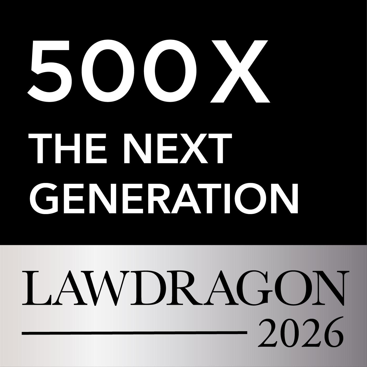 Lawdragon badge with text: 500X The Next Generation, Lawdragon 2026