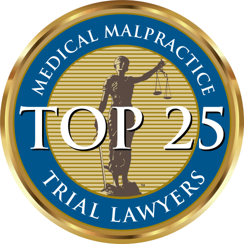 Oval seal with a figure of Lady Justice holding scales, text: Medical Malpractice Top 25 Trial Lawyers
