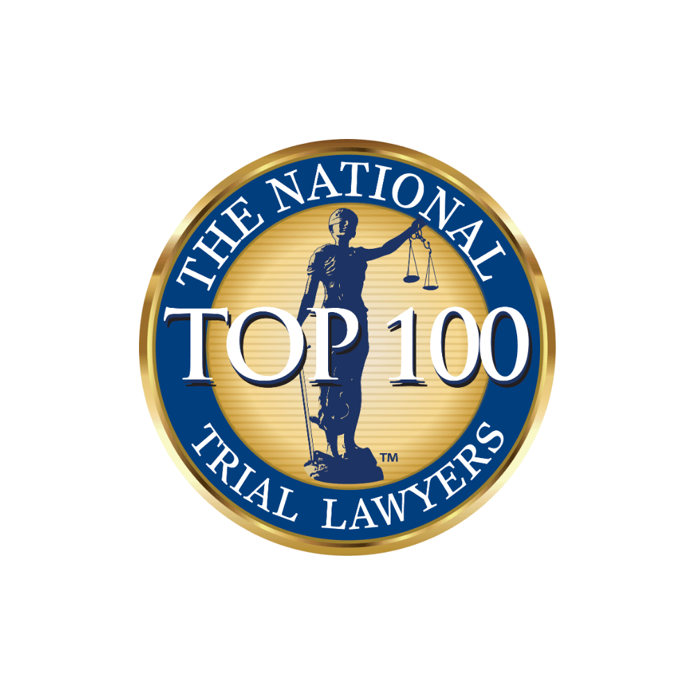 Oval seal with a figure of Lady Justice holding scales, text: The National Top 100 Trial Lawyers