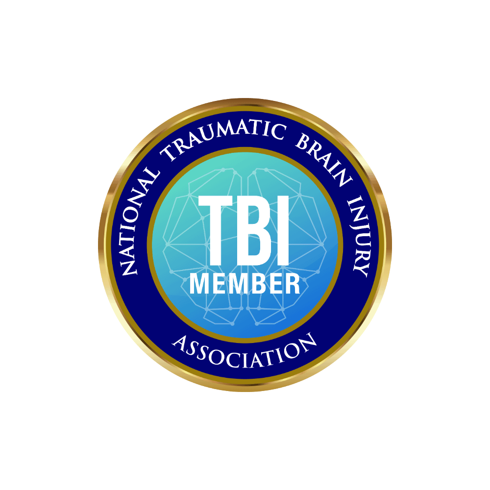 Oval seal with a brain graphic, text: National Traumatic Brain Injury Association, TBI Member