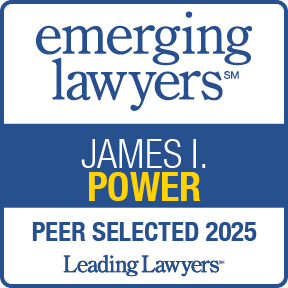 Emerging Lawyers 2025 Peer Selected award badge featuring James I. Power.