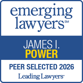 Emerging Lawyers 2026 Peer Selected award badge featuring James I. Power.