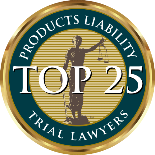 Oval seal with a figure of Lady Justice holding scales, text: Products Liability Top 25 Trial Lawyers
