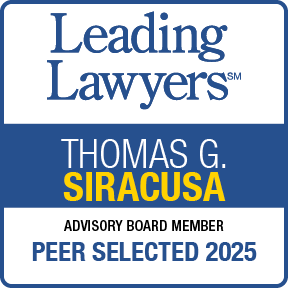 Leading Lawyers 2025 Peer Selected award badge featuring Thomas G. Siracusa, Advisory Board Member.