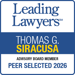 Leading Lawyers 2026 Peer Selected award badge featuring Thomas G. Siracusa, Advisory Board Member.