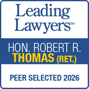 Leading Lawyers 2026 Peer Selected award badge featuring Hon. Robert R. Thomas (Ret.).